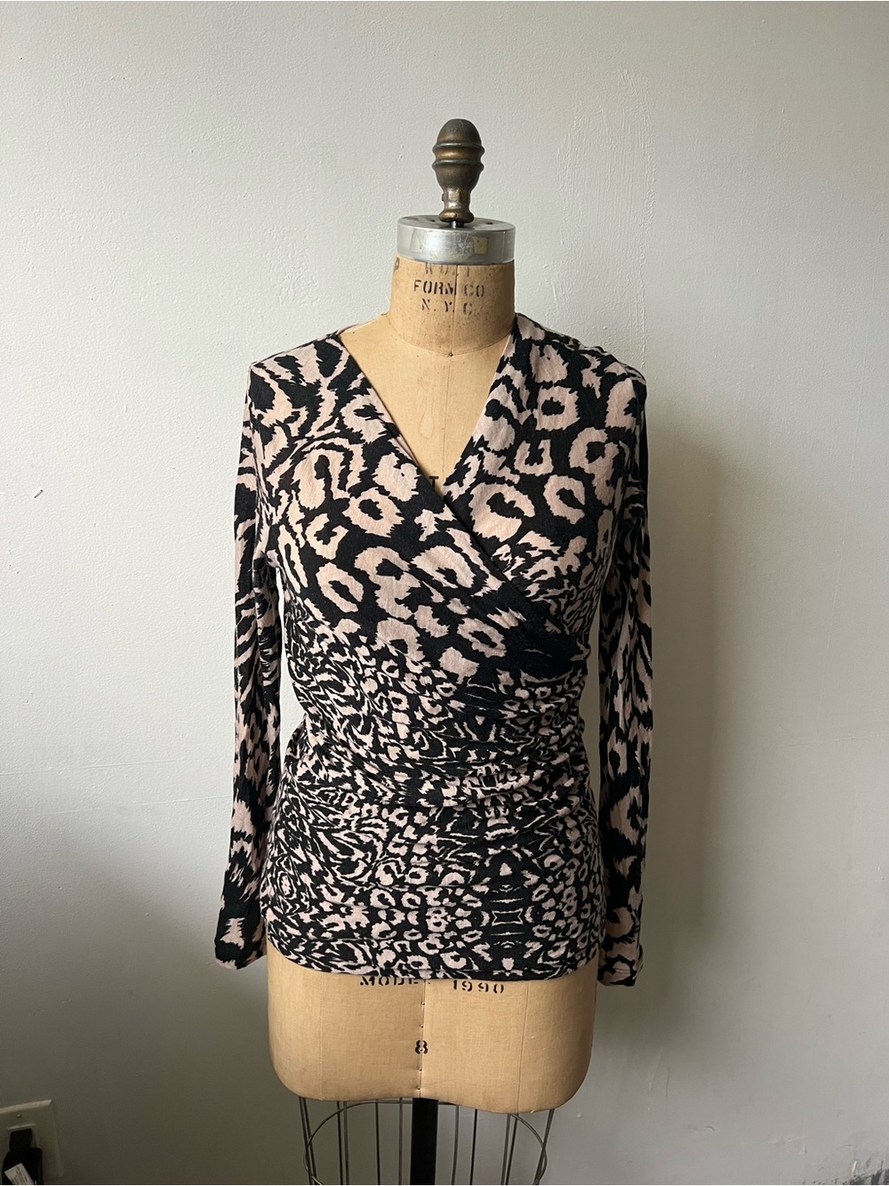 MaxMara Black and Blush Animal-Print Wrap-Style Long Sleeve Top